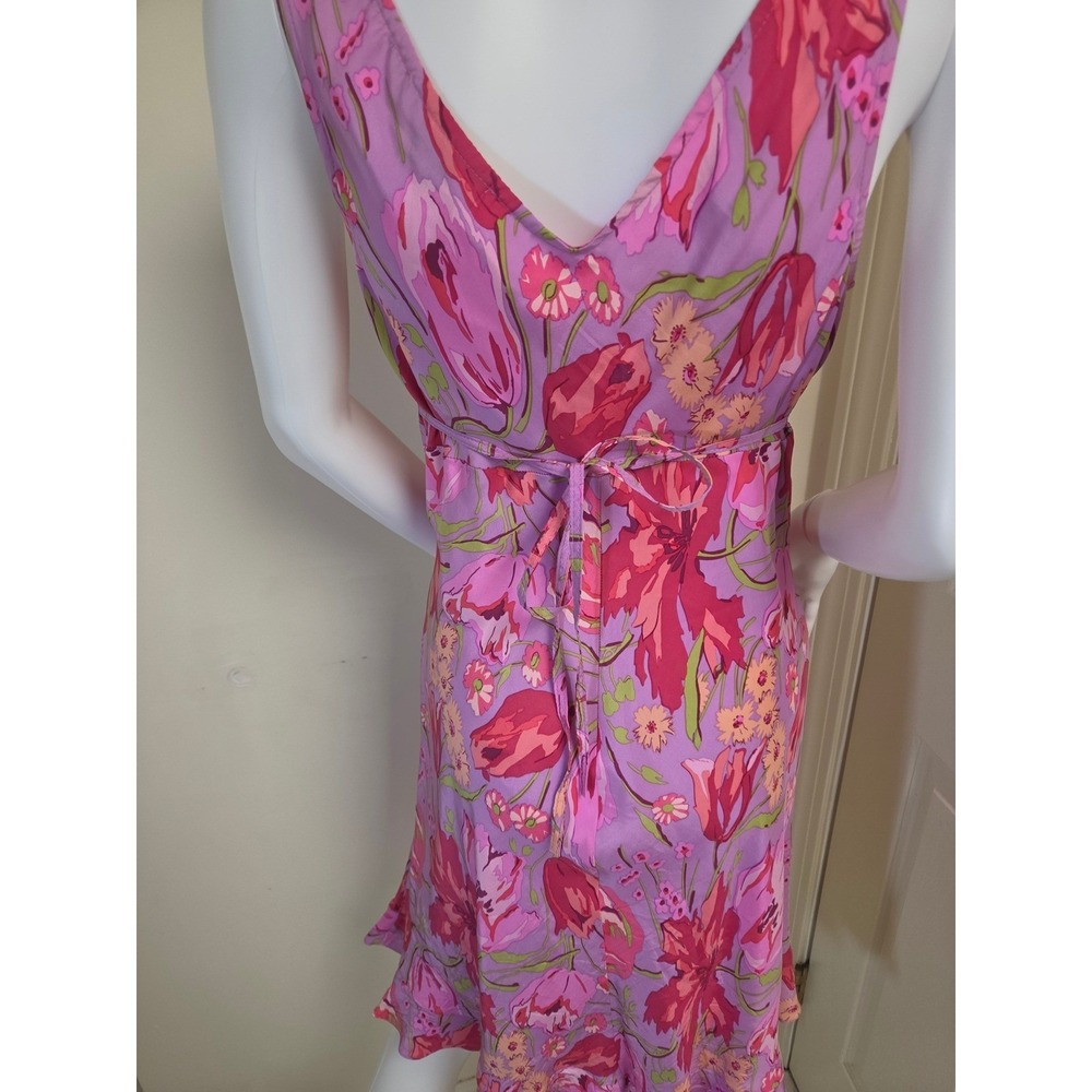 Betsey Johnson Vintage Y2K Pink Floral Silk Slip Dress Ruffle Hem Petite L - Picture 8 of 14